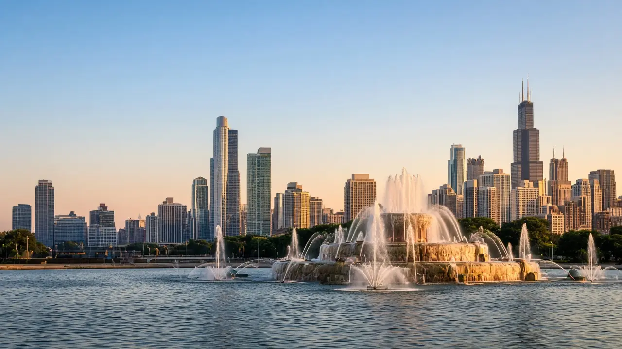 Buckingham Fountain in Grant Park with the Chicago skyline behind