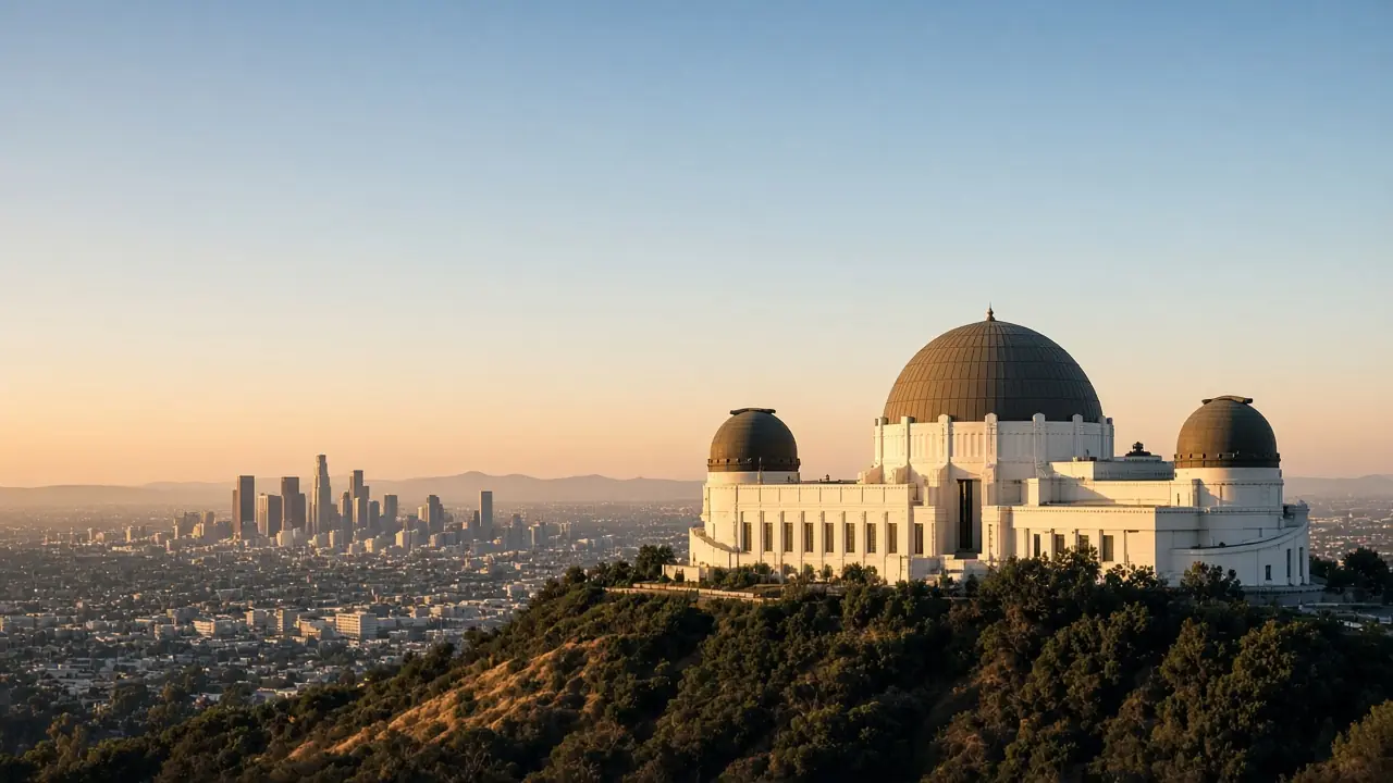 Griffith Observatory on the hillside above the Los Angeles skyline