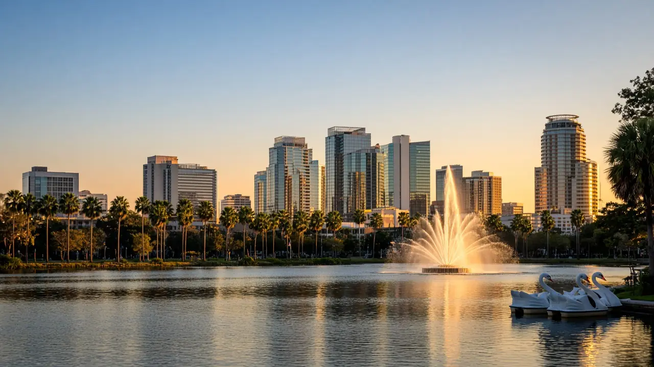Lake Eola fountain and swan boats with the Orlando skyline