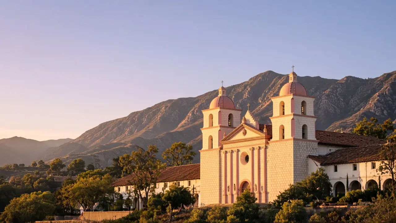 Old Mission Santa Barbara with the Santa Ynez Mountains behind