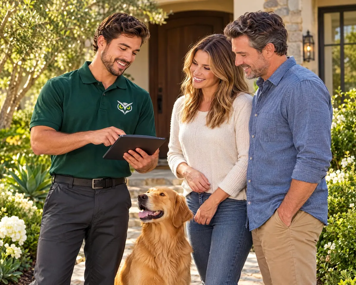 A Green Rodent Restoration technician walking homeowners through inspection findings at their front door