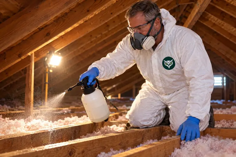 Technician in a white coverall treating an attic floor