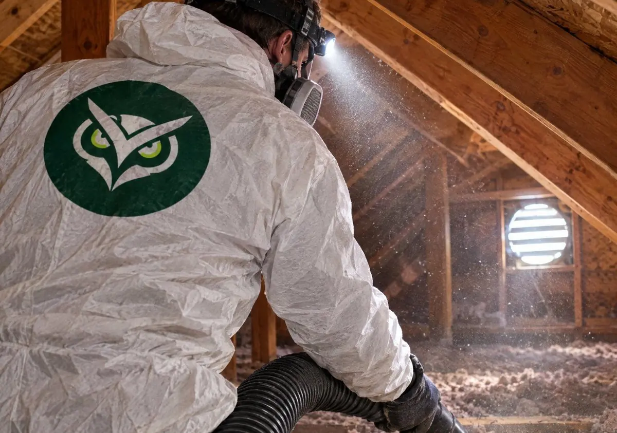 Technician in a white coverall with the owl patch vacuuming old insulation out of an attic