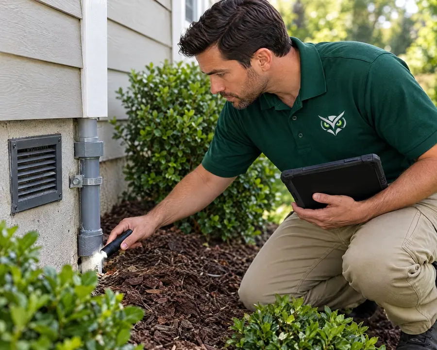 Technician kneeling at a foundation vent with a flashlight and tablet during an exterior inspection